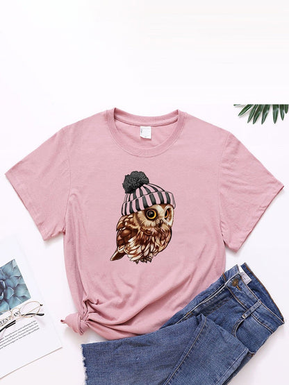 lovevop Loose Casual Owl Print Versatile T-Shirt For Women