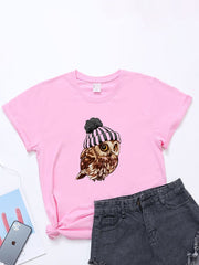 lovevop Loose Casual Owl Print Versatile T-Shirt For Women