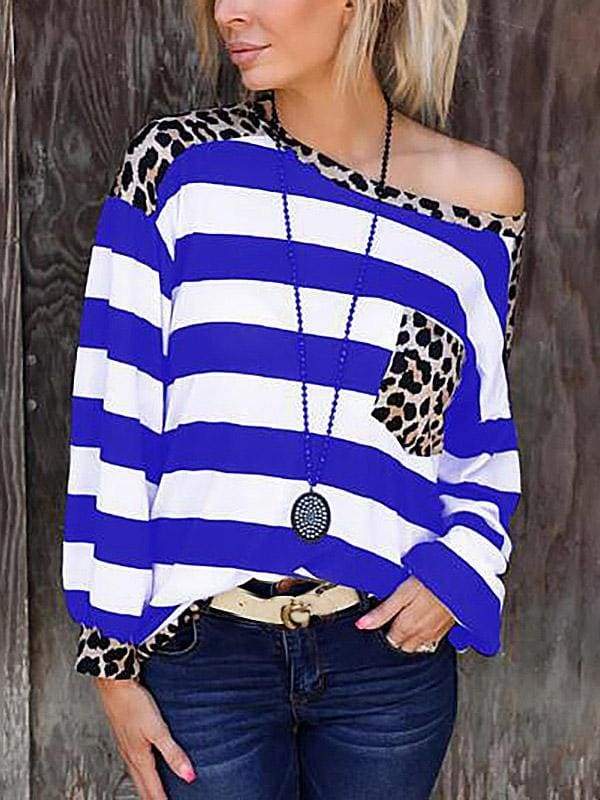 lovevop Patchwork Leopard Pocket Loose Autumn T-Shirt