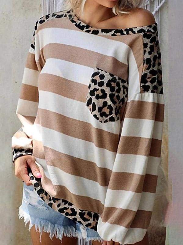 lovevop Patchwork Leopard Pocket Loose Autumn T-Shirt