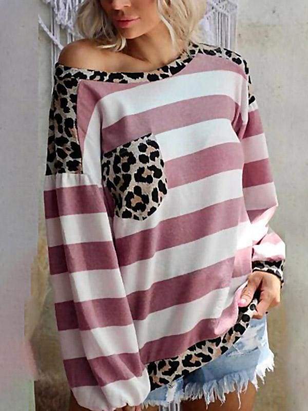 lovevop Patchwork Leopard Pocket Loose Autumn T-Shirt