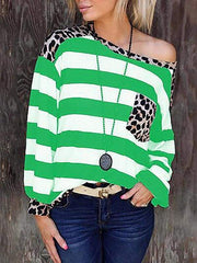 lovevop Patchwork Leopard Pocket Loose Autumn T-Shirt