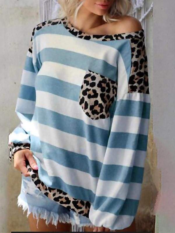 lovevop Patchwork Leopard Pocket Loose Autumn T-Shirt