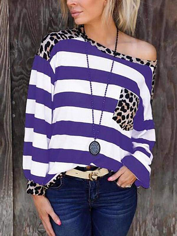 lovevop Patchwork Leopard Pocket Loose Autumn T-Shirt