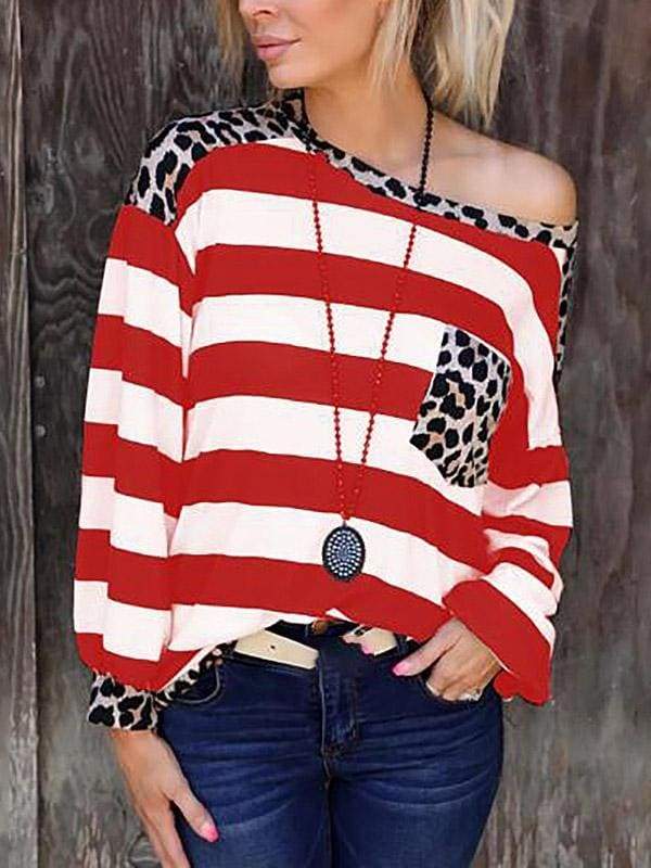 lovevop Patchwork Leopard Pocket Loose Autumn T-Shirt