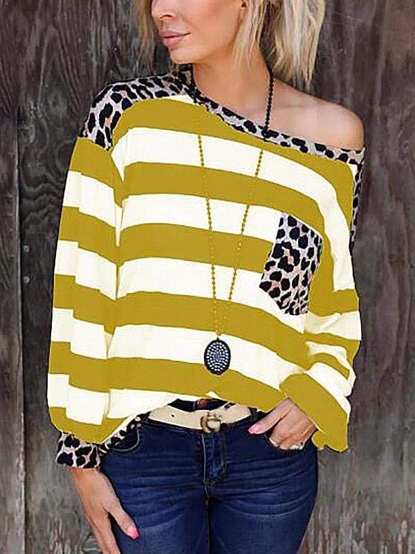 lovevop Patchwork Leopard Pocket Loose Autumn T-Shirt