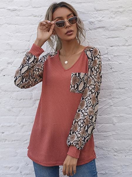 lovevop Patchwork Snake Skin Long Sleeve Women T-Shirt