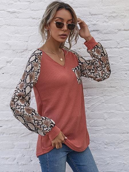 lovevop Patchwork Snake Skin Long Sleeve Women T-Shirt