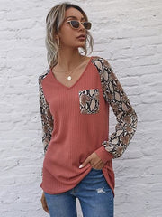 lovevop Patchwork Snake Skin Long Sleeve Women T-Shirt