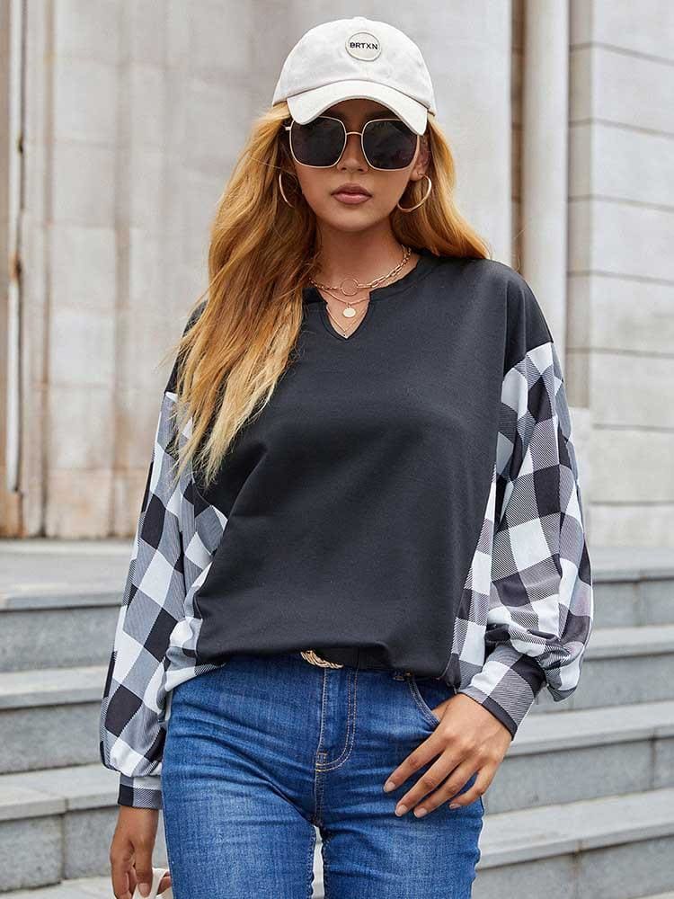 lovevop Plaid Patchwork Latest Style Long Sleeve T-Shirt