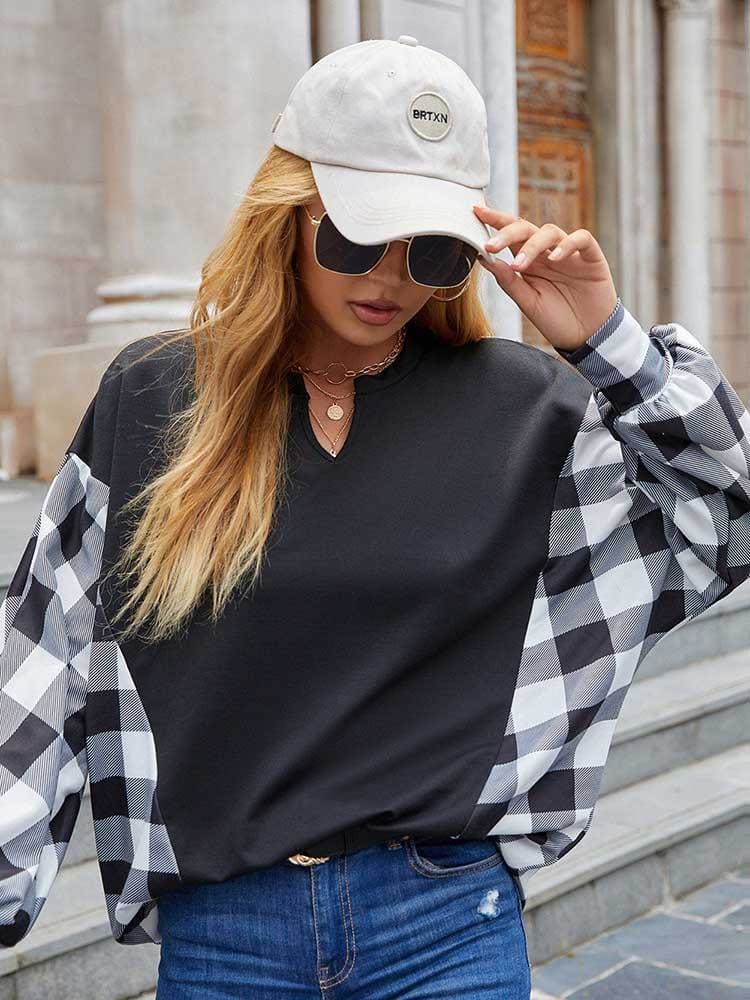 lovevop Plaid Patchwork Latest Style Long Sleeve T-Shirt