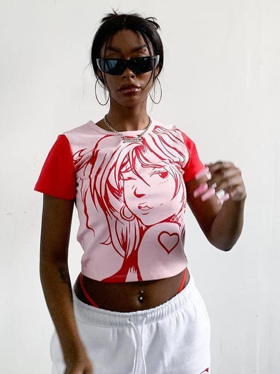 lovevop Print Contrast Color Cropped Short Sleeve T-Shirt