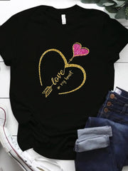 lovevop Printed Casual Crew Neck Plus Size Black T-Shirt