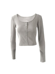 lovevop Scoop Neck Button Up Long Sleeve Cropped T-Shirt