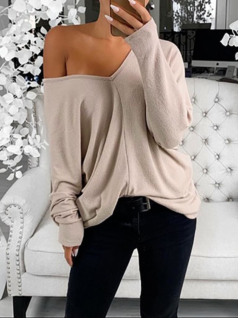 lovevop Simple Solid V Neck Casual Long Sleeve T-Shirt