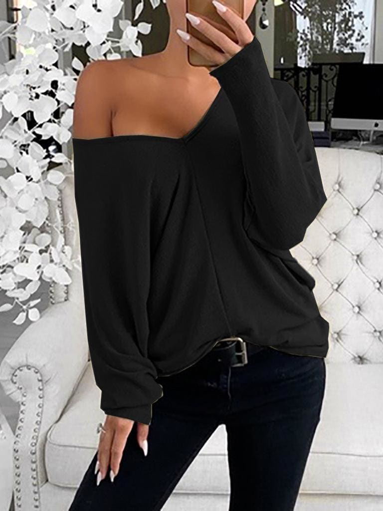 lovevop Simple Solid V Neck Casual Long Sleeve T-Shirt