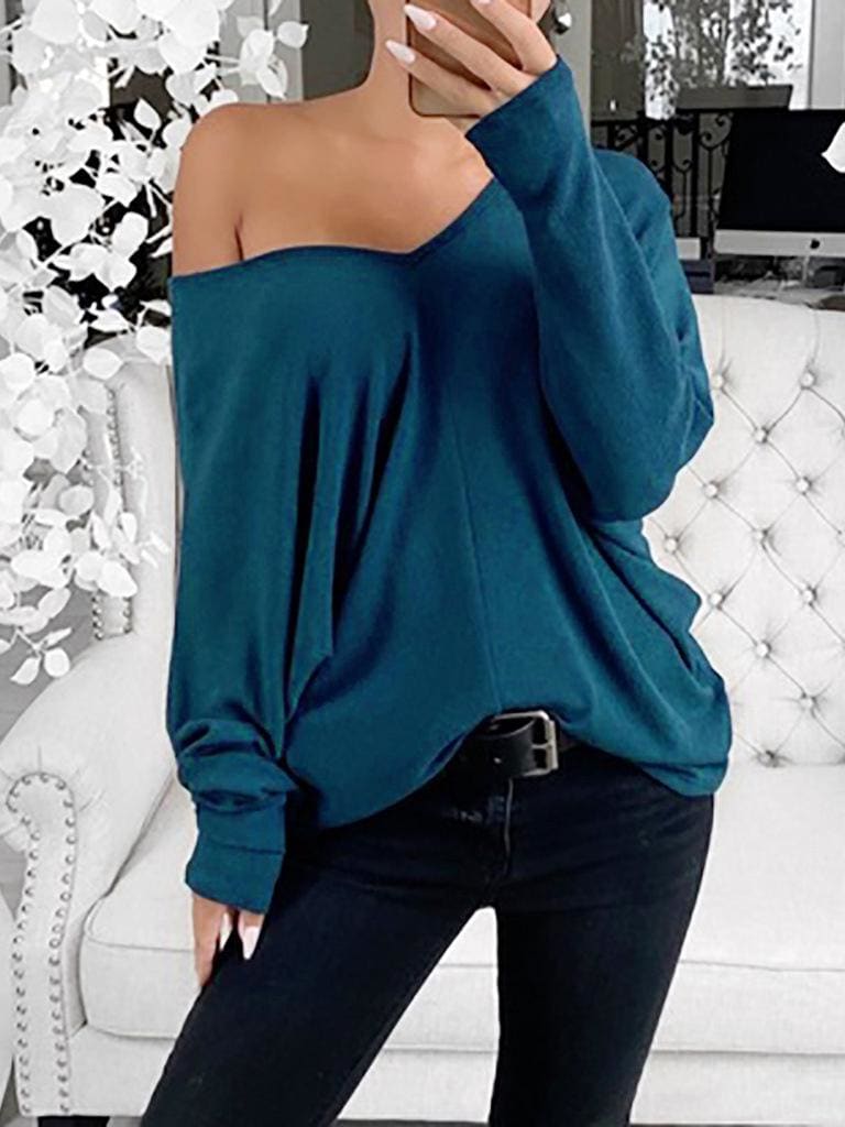 lovevop Simple Solid V Neck Casual Long Sleeve T-Shirt