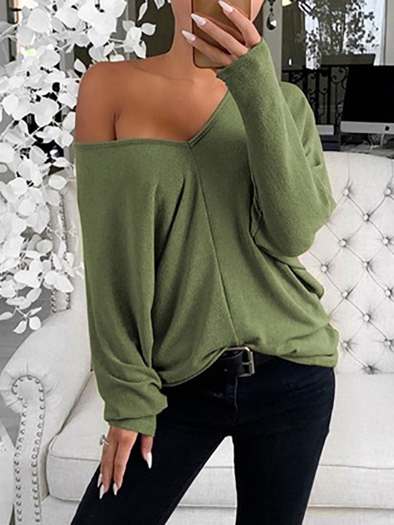 lovevop Simple Solid V Neck Casual Long Sleeve T-Shirt