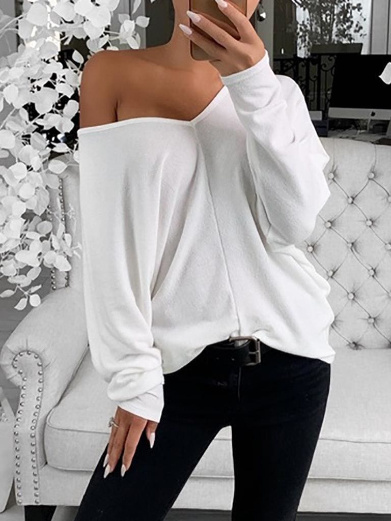 lovevop Simple Solid V Neck Casual Long Sleeve T-Shirt