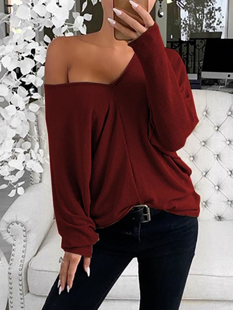 lovevop Simple Solid V Neck Casual Long Sleeve T-Shirt