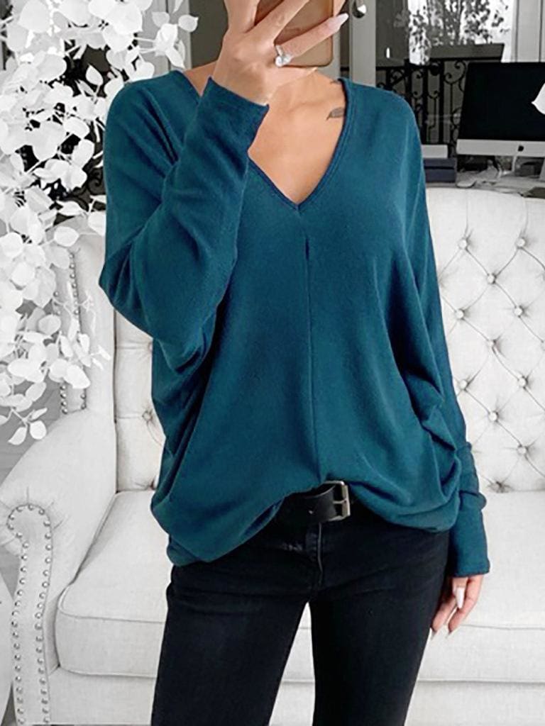 lovevop Simple Solid V Neck Casual Long Sleeve T-Shirt