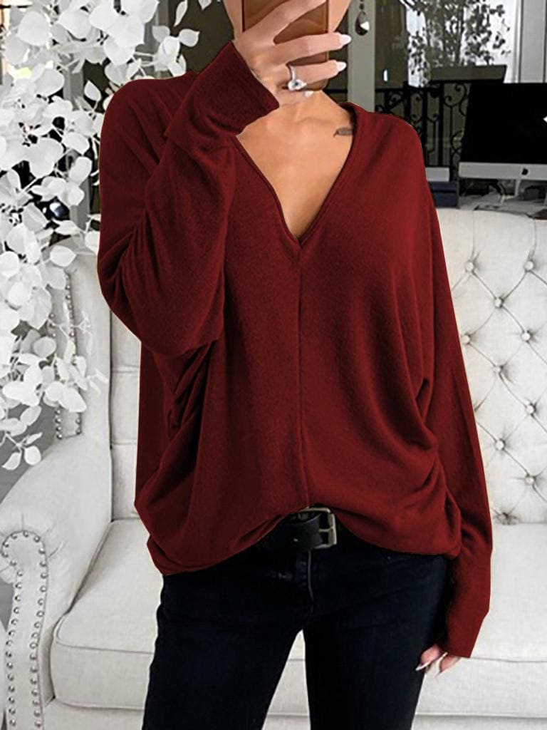 lovevop Simple Solid V Neck Casual Long Sleeve T-Shirt