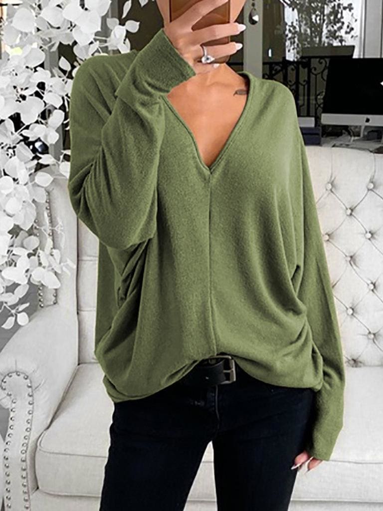 lovevop Simple Solid V Neck Casual Long Sleeve T-Shirt