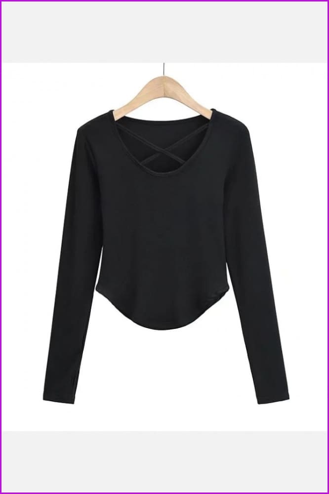 lovevop Solid Color Cross Neck Long Sleeve T-Shirt