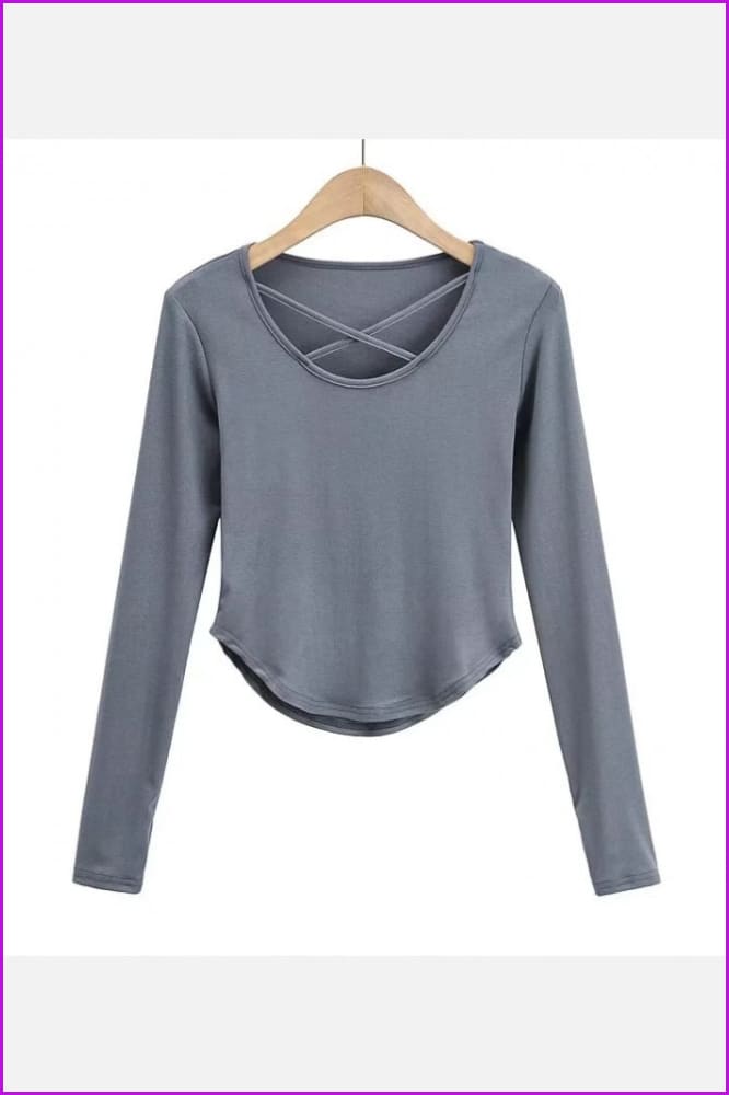 lovevop Solid Color Cross Neck Long Sleeve T-Shirt