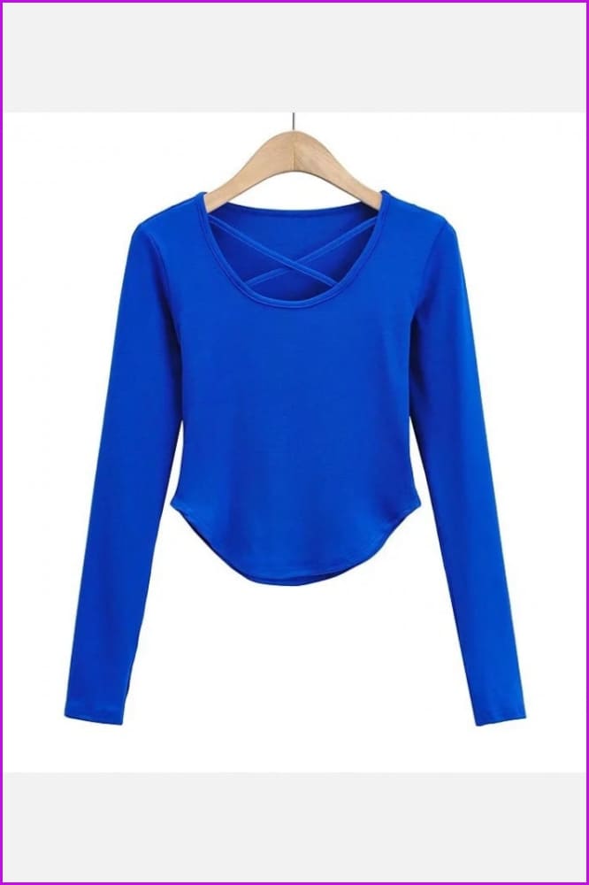 lovevop Solid Color Cross Neck Long Sleeve T-Shirt