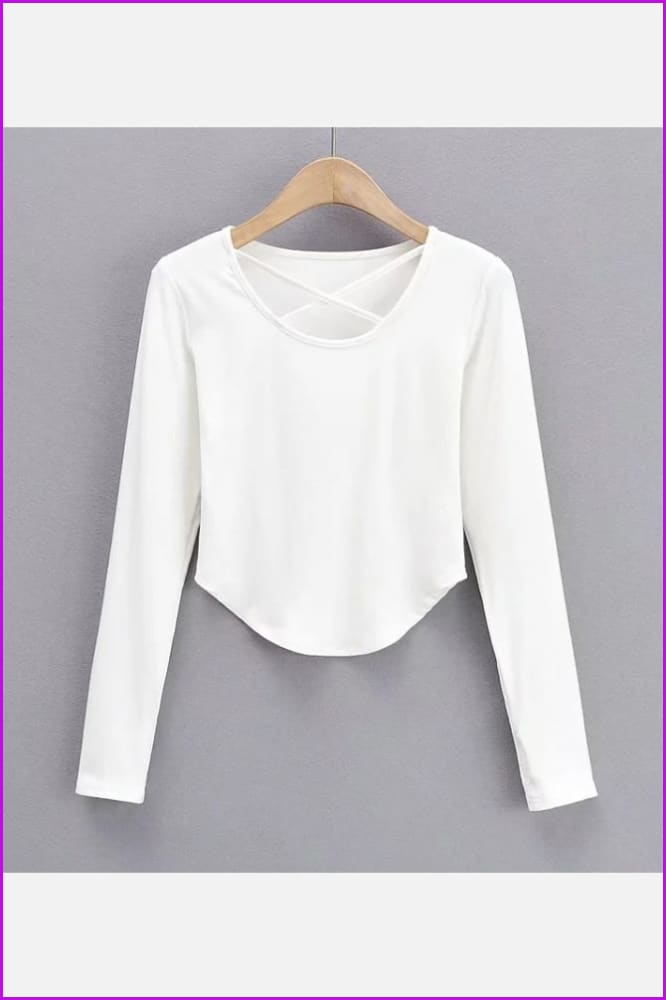 lovevop Solid Color Cross Neck Long Sleeve T-Shirt