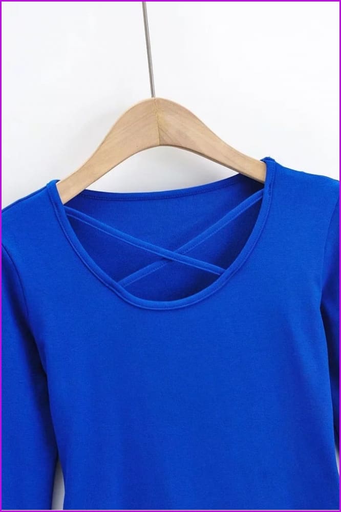 lovevop Solid Color Cross Neck Long Sleeve T-Shirt