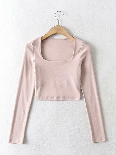 lovevop Solid Color Square Neck Cropped T-Shirt