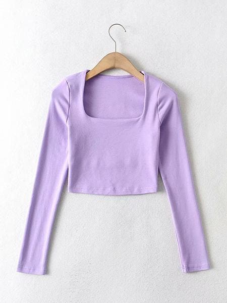 lovevop Solid Color Square Neck Cropped T-Shirt