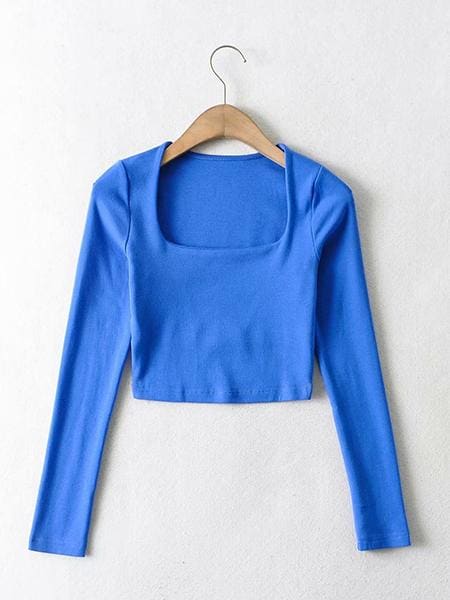 lovevop Solid Color Square Neck Cropped T-Shirt