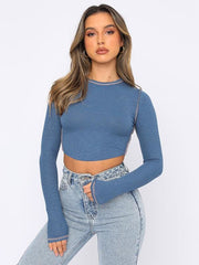 lovevop Solid Crew Neck Cropped Long Sleeve T-Shirt