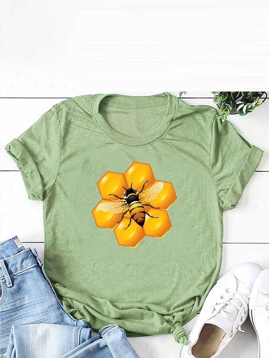 lovevop Summer Bee Art Print Casual Short Sleeve T-Shirt