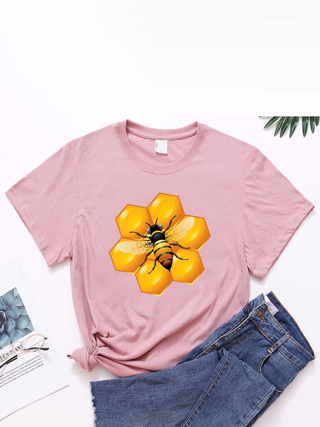 lovevop Summer Bee Art Print Casual Short Sleeve T-Shirt