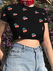 lovevop Summer Printed Versatile Black Cropped T-Shirt