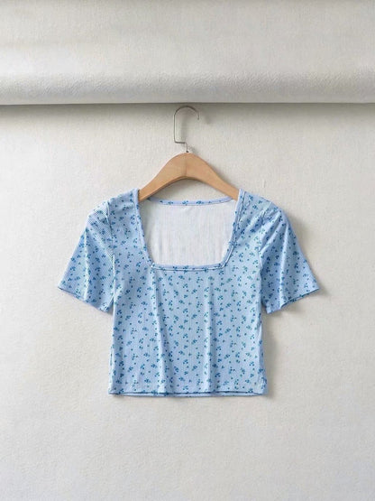 lovevop Summer Square Neck Floral Short Sleeve Cropped T-Shirt