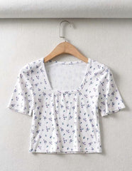 lovevop Summer Square Neck Floral Short Sleeve Cropped T-Shirt