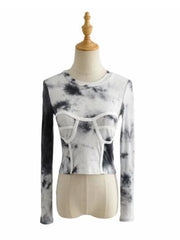 lovevop Tie Wrap Print Fitted Long Sleeve T-Shirt Casual