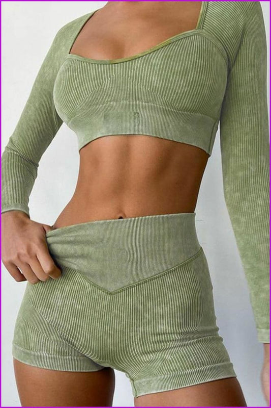 lovevop U Neck Long Sleeve Cropped T-Shirt With Yoga Shorts