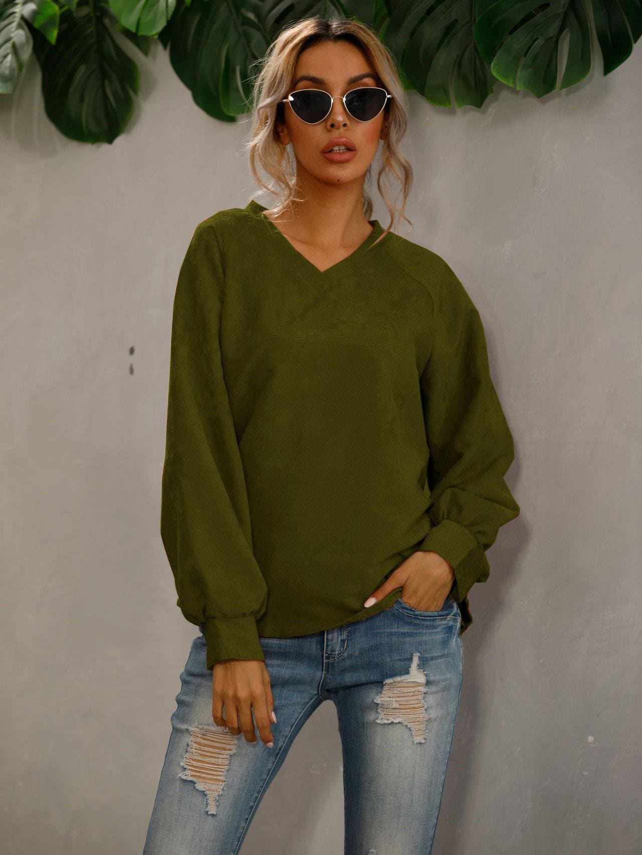 lovevop V Neck Autumn Solid Color Corduroy T-Shirt