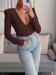 lovevop V Neck Solid Versatile Casual Long Sleeve T-Shirt