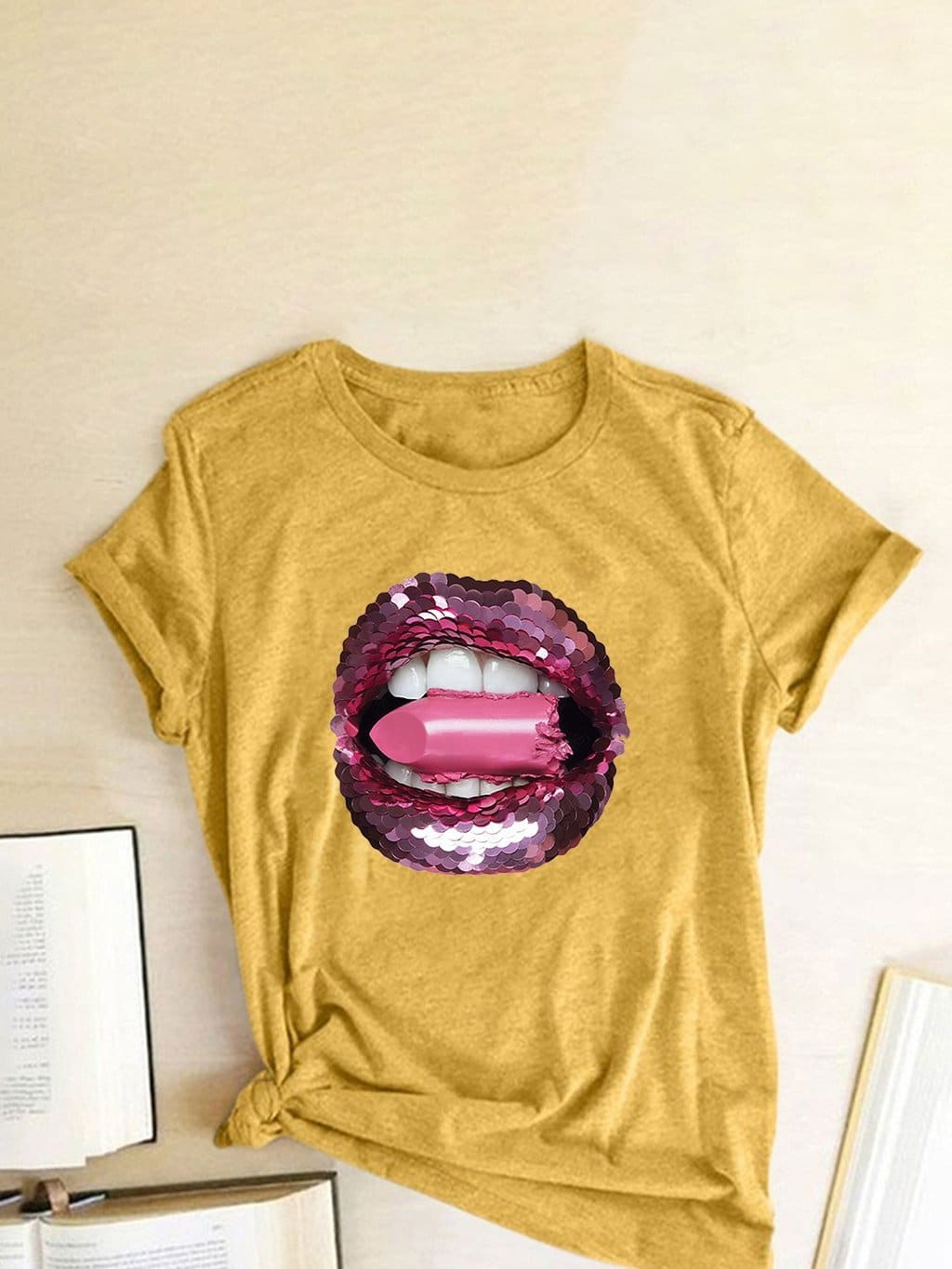 lovevop Versatile Lips Printing T-Shirt For Women Summer