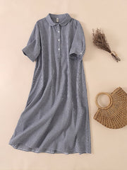 Lovevop Cotton And Linen Plaid Retro Casual Loose Polo Neck Dress