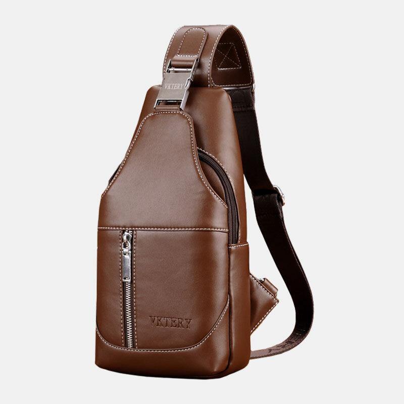 lovevop Men PU Leather Casual Multifunction Earphone Hole Crossbody Bag Chest Bag