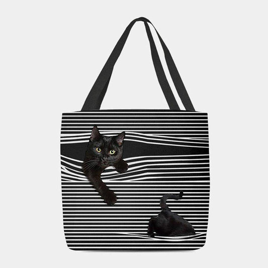 lovevop Women Felt Cute 3D Three-dimensional Black Cat Stripes Pattern Shoulder Bag Handbag Tote