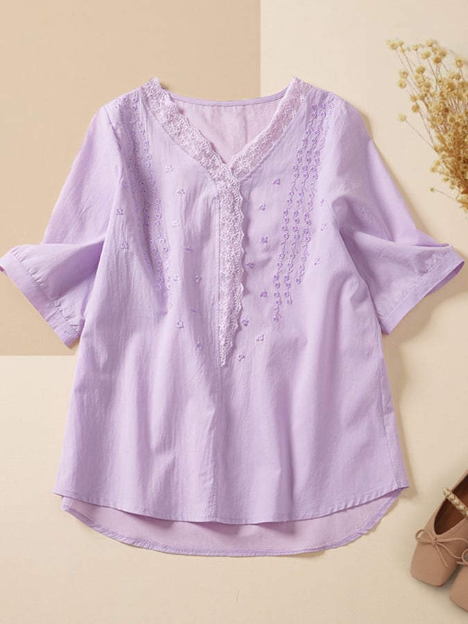 Lovevop Lace Trim V Neck Embroidered Temperament Casual Top